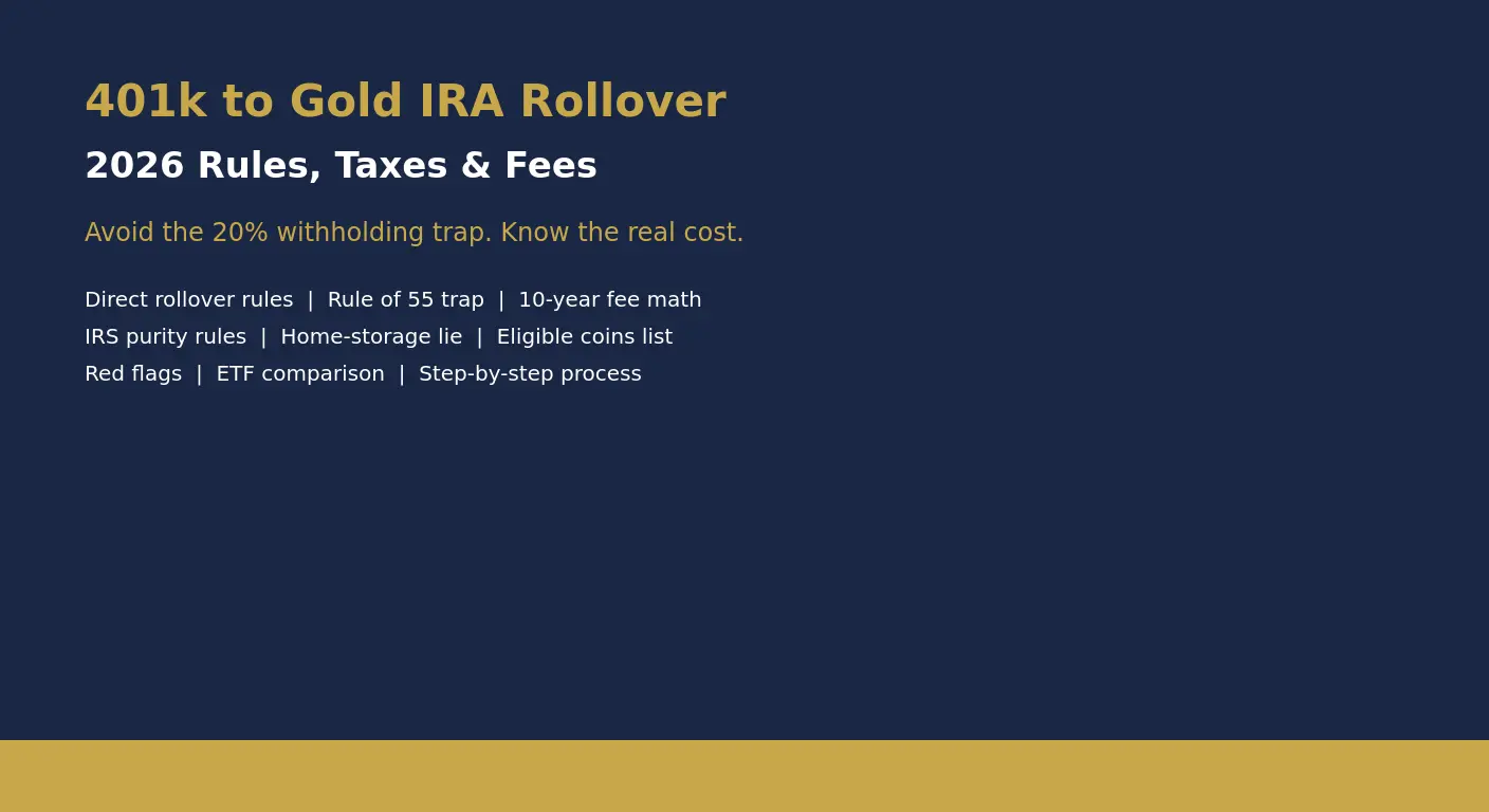 401k to Gold IRA rollover 2026 — direct rollover rules, 20% withholding trap, Rule of 55, real 10-year fees, and IRS-eligible coin list