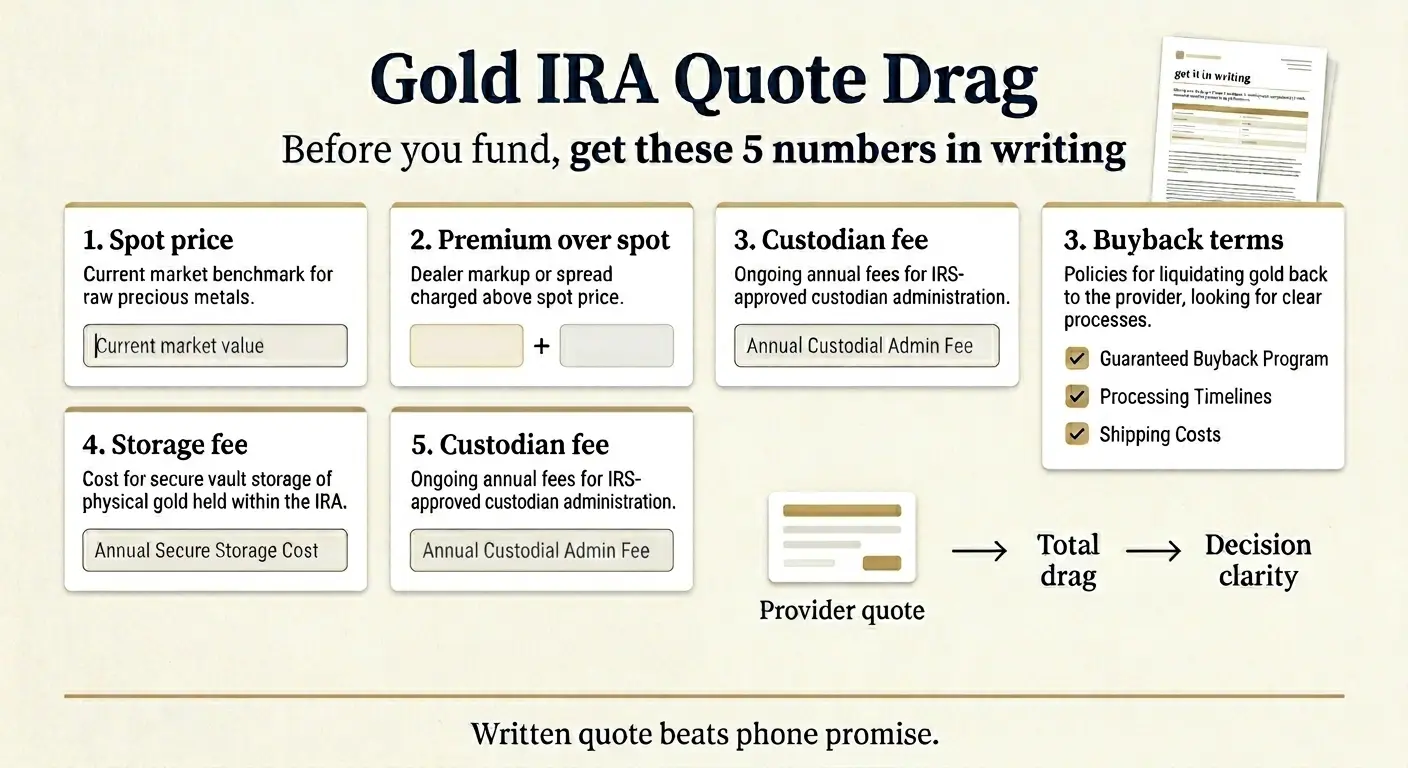 Gold IRA Quote Drag Worksheet showing the four real costs: setup, annual fees, metal premium, and buyback spread