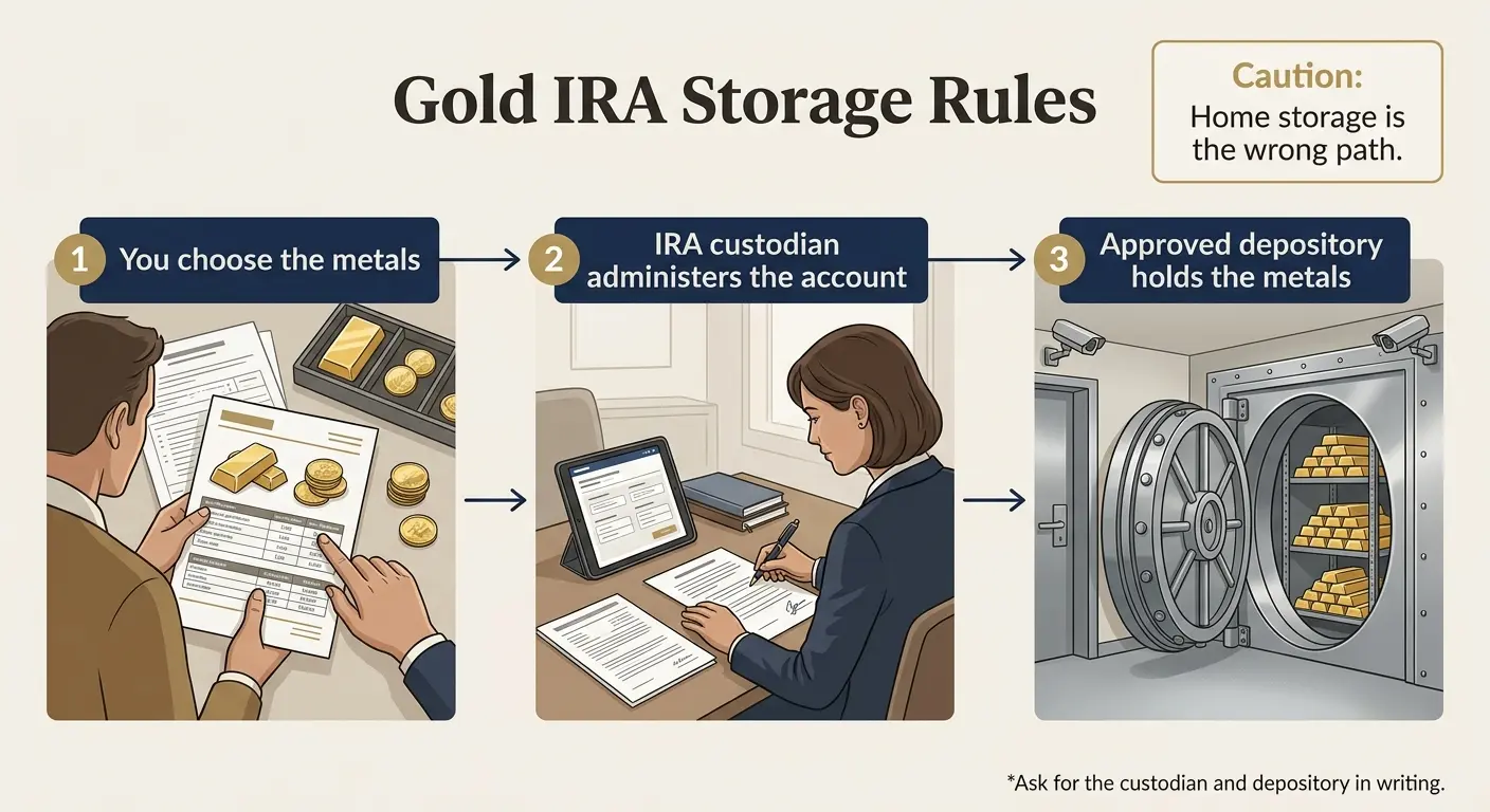Gold IRA storage rules infographic showing the three-party structure: dealer, IRS-approved custodian, and IRS-approved depository — personal possession is not permitted
